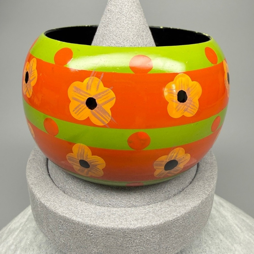 Vintage Bangle Bracelet Green and Orange Floral Polka Dot 8" Summer Flower Power